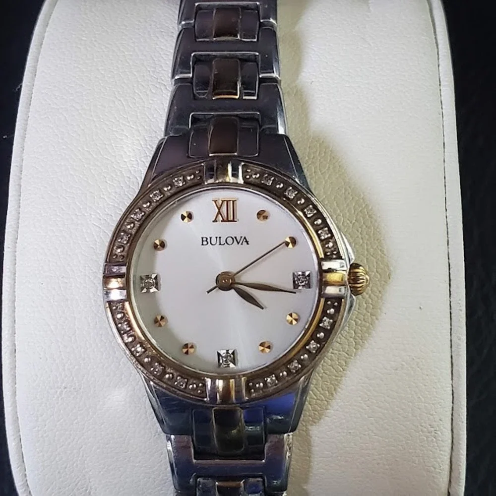 Bulova Womens Two Tone Diamond Accent Watch White Dial Roman Numeral 98R107